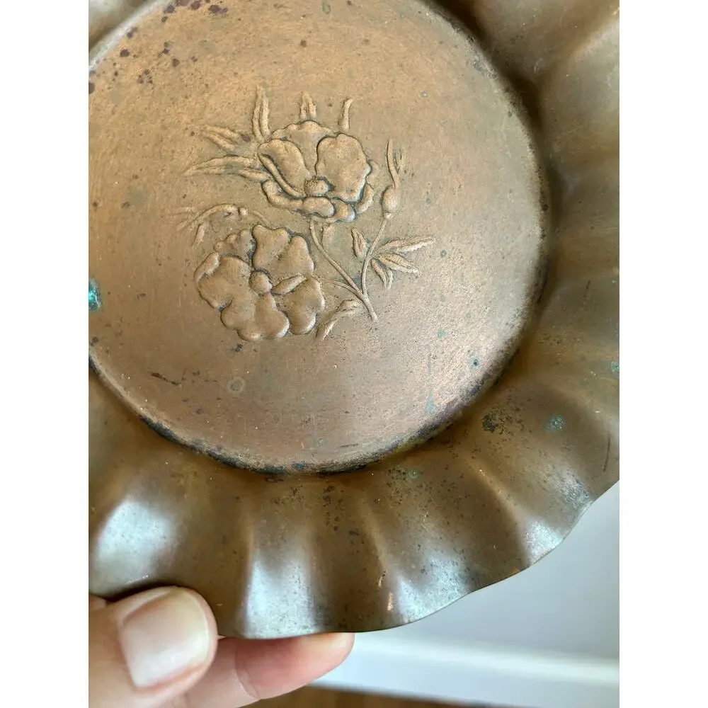 Vintage Copper Scalloped Dish Embossed Floral Poppy Design Trinket Tray